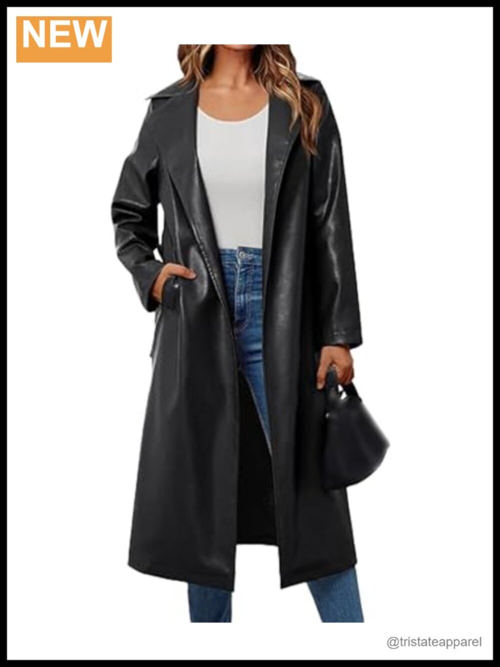 Women's Faux Leather Trench Coat Long Sleeve Belted Motorcycle Jacket